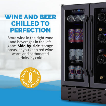 NewAir 24" Dual Zone Wine and Beverage Refrigerator, 18 Bottle & 58 Can, French Door Built-In
