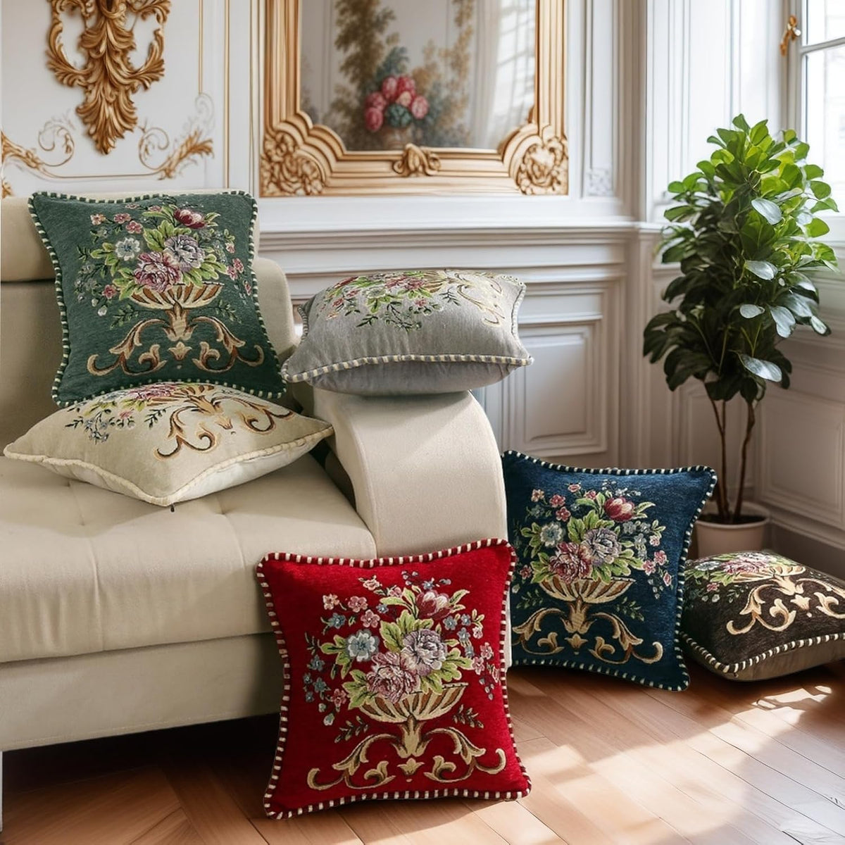 Set of 2 Blue Vintage Embroidered Throw Pillows Covers 18x18in，Vintage Decorations Floral