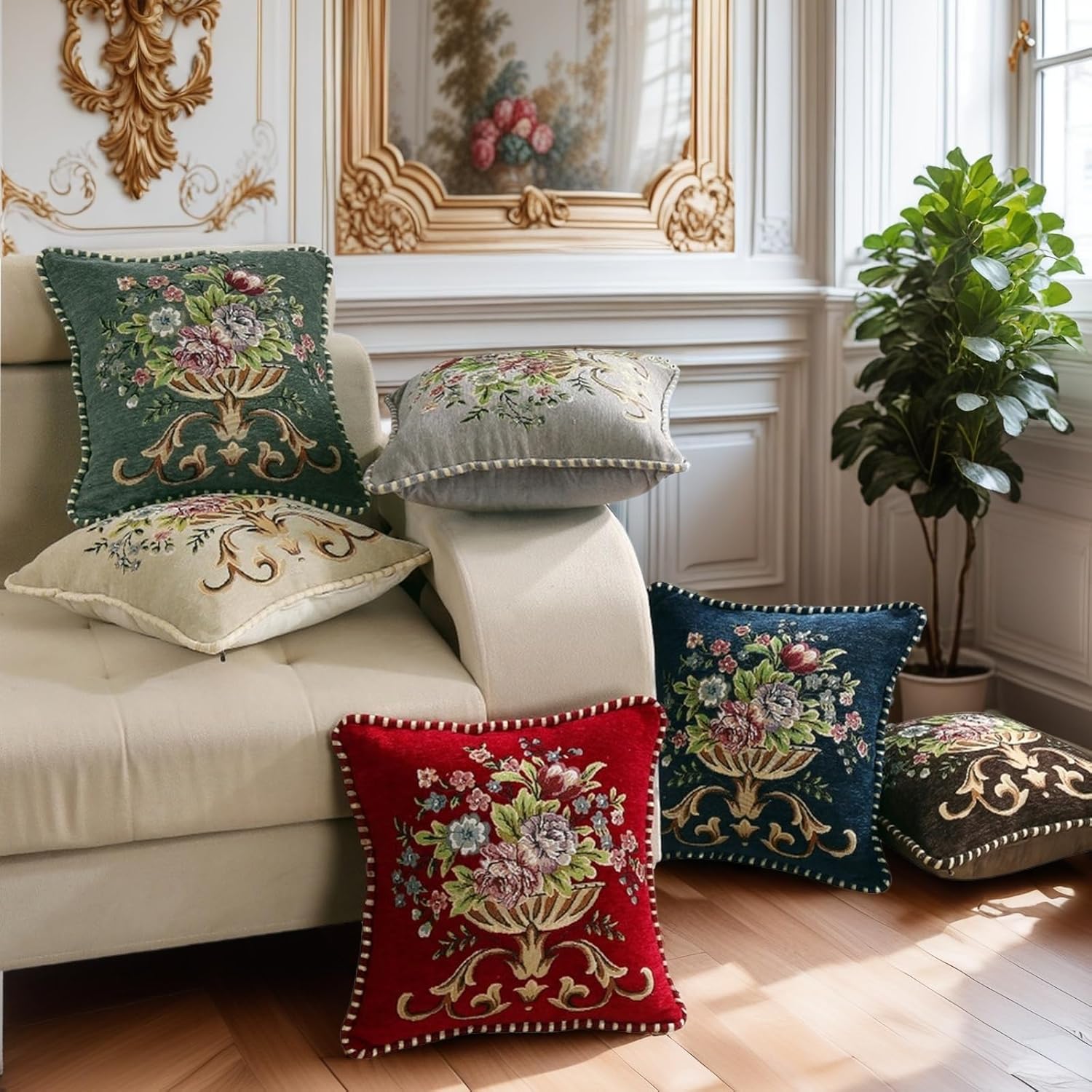 Set of 2 Blue Vintage Embroidered Throw Pillows Covers 18x18in，Vintage Decorations Floral