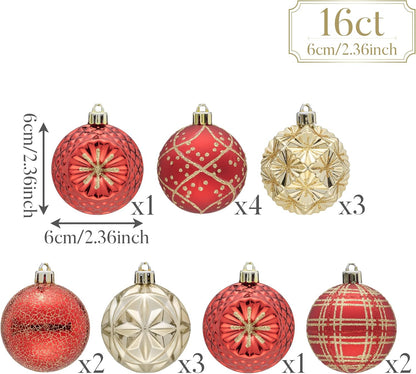 Valery Madelyn Ornaments for Christmas Trees, 16ct 2.36 Inches Red and Gold Shatterproof Christmas