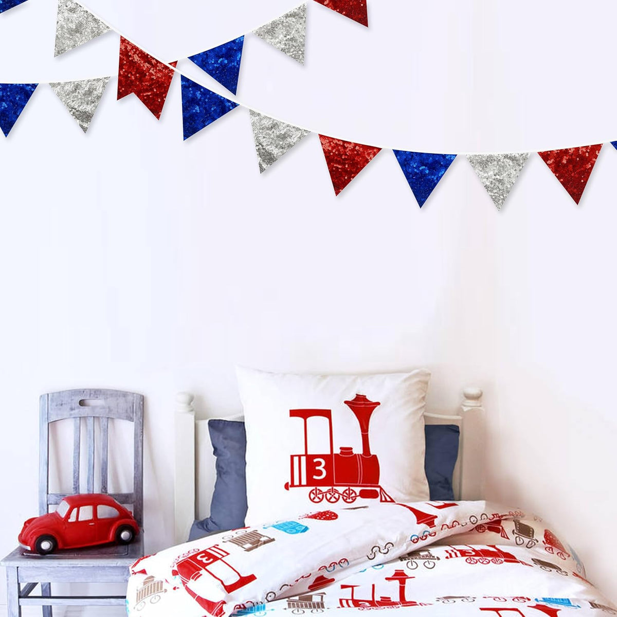 pinkblume Red Blue Silver Decorations Double Sided Sequin Fabric Triangle Pennant Banner Flag