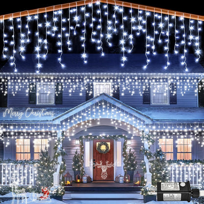 Icicle lights Outdoor - 33ft Christmas Lights with 400LED 75 Drops 8 Modes, Plug in Curtain String