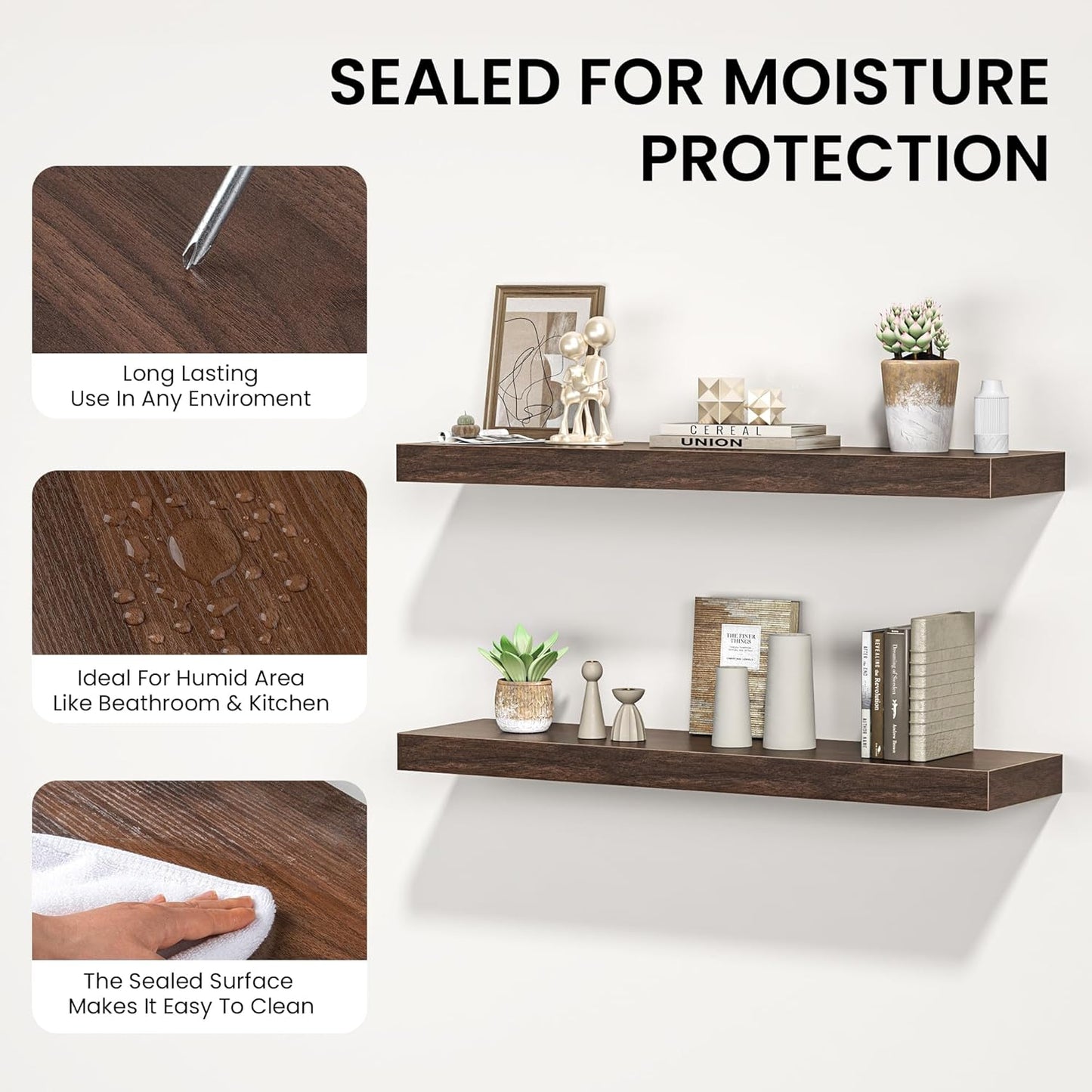 Floating Shelves for Wall, 48" W x 9.3" D x 1.5" H, Wooden Wall Mounted Display Shelves with