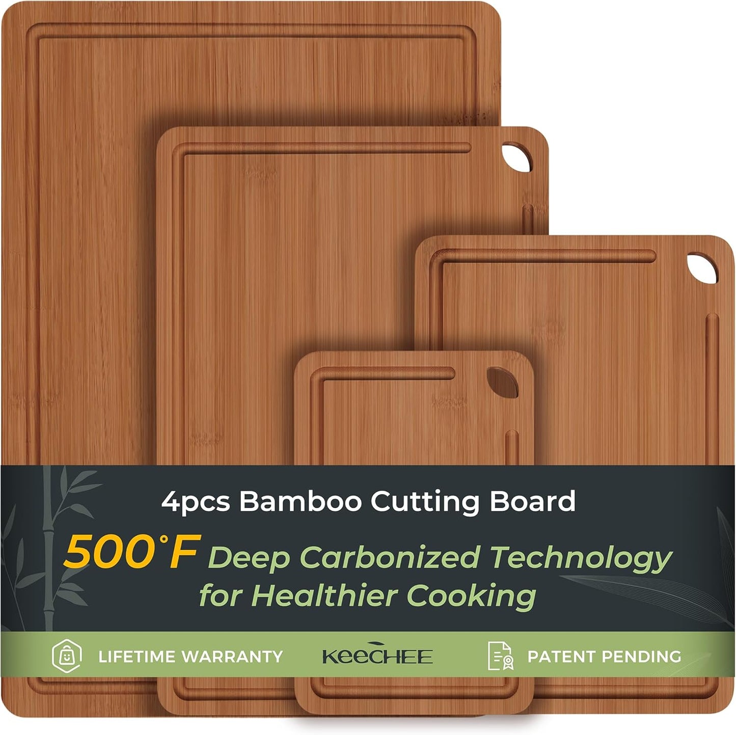 Wood Cutting Board, Carbonized Bamboo Cutting Boards Set With Smooth Surface & Easy Storage For
