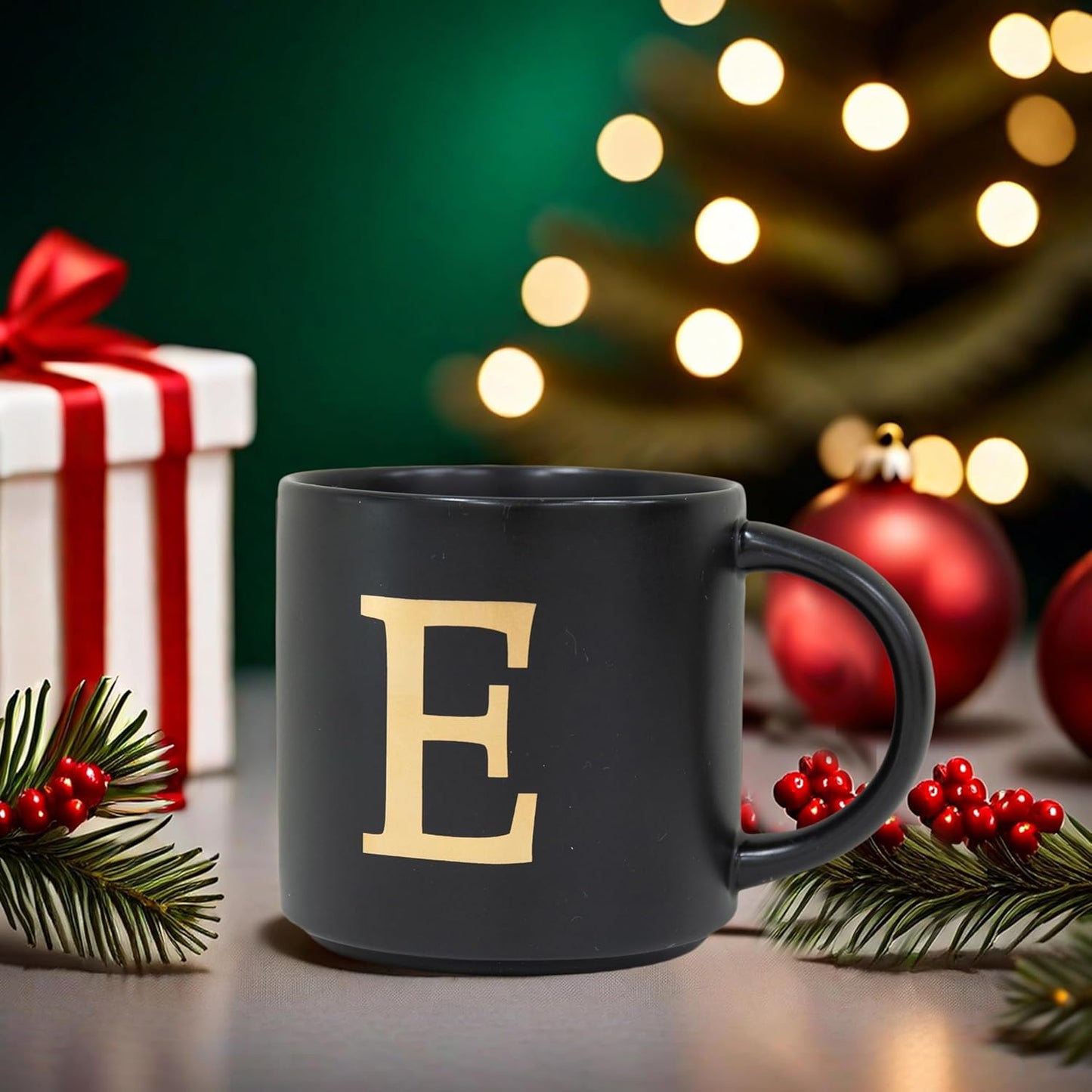 COLLECTIVE HOME - Monogram Ceramic Mugs, 15 oz Golden Initial Black Coffee Cups, Elegant Alphabet