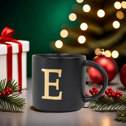 COLLECTIVE HOME - Monogram Ceramic Mugs, 15 oz Golden Initial Black Coffee Cups, Elegant Alphabet