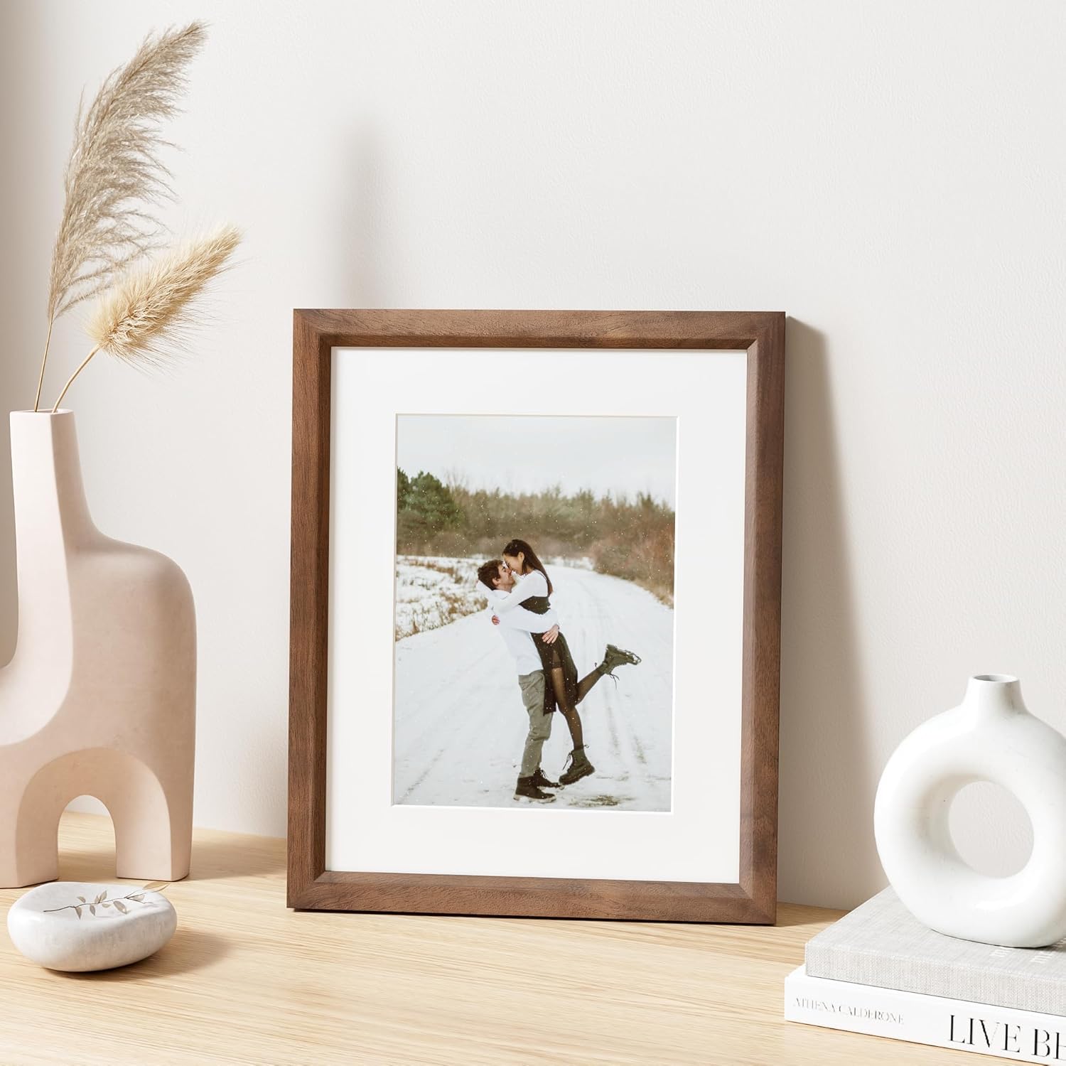 8x10 Picture Frame Natural Solid Walnut Photo Frames with 5x7 Removable Mat Wall Hanging Large