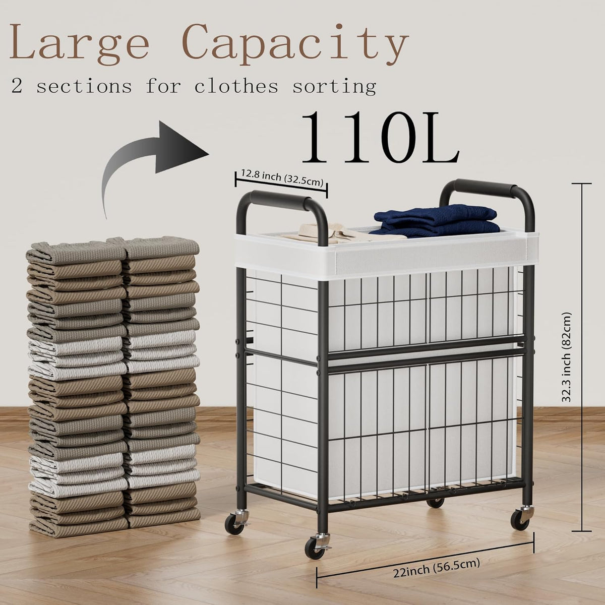 Laundry Hamper 2 Section, 110L Rolling Laundry Sorter Basket with Wheels, 2 Compartment Clothes
