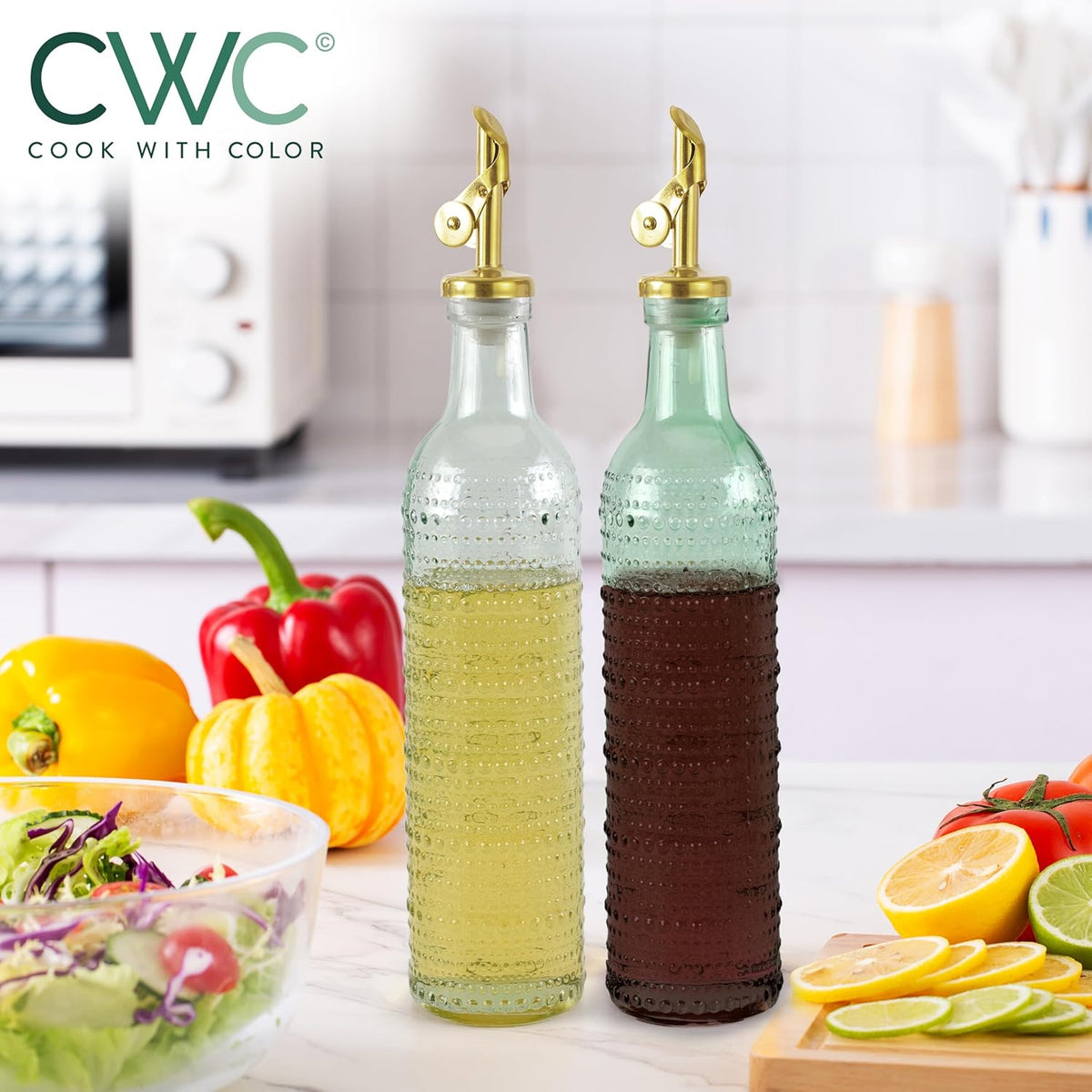 COOK WITH COLOR Glass Olive Oil Bottle Dispenser - 2 Pack- 17oz Oil and Vinegar Cruet - Olive Oil