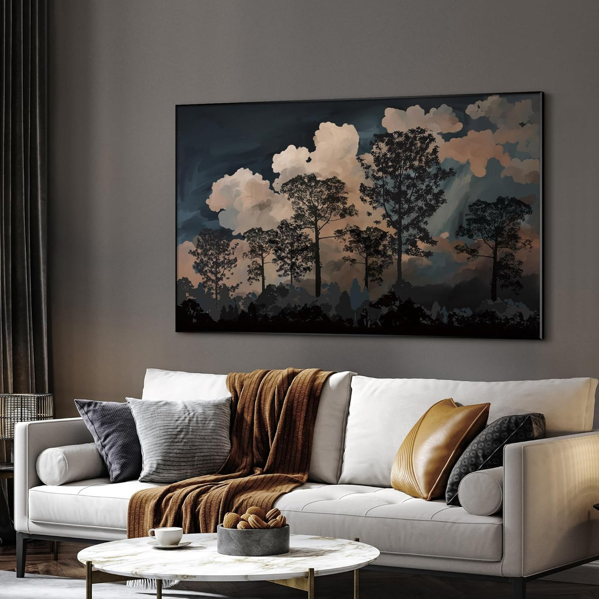 SIGNWIN 30"x60" Extra Large Framed Wall Art Silhouetted Trees at Dusk, Dramatic Forest and