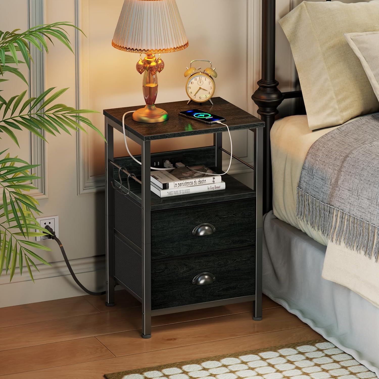 Furologee Nightstand with Charging Station, Black Night Stand with 2 Fabric Drawers, Side Table