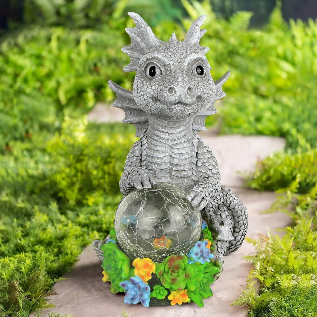 Solar Garden Outdoor Statues Dragon Holding Magic Orb with Solar LED Lights - Lawn Decor Outdoor