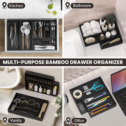 Kitchen Drawer Organizer Bins, Stackable Bamboo Drawer Organizer for Silverware, Coffee Pod