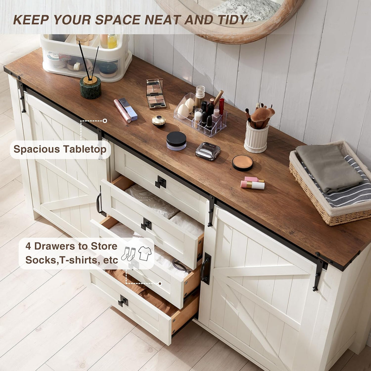 T4TREAM 60'' Farmhouse Dresser Chests for Bedroom w/4 Drawers & Sliding Barn Doors, Tall Chest of
