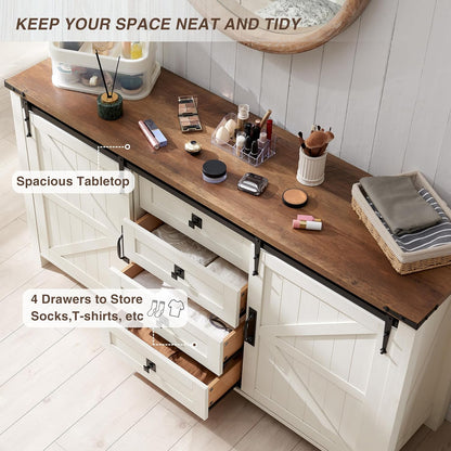 T4TREAM 60'' Farmhouse Dresser Chests for Bedroom w/4 Drawers & Sliding Barn Doors, Tall Chest of