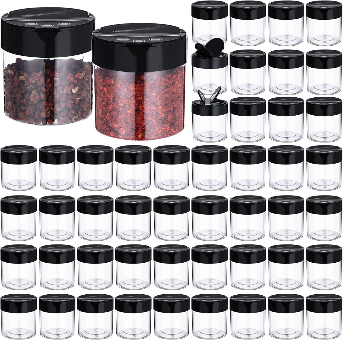 50 Pack 4.7 oz Plastic Spice Jars with Black Cap Empty Clear Plastic Spice Bottle Containers