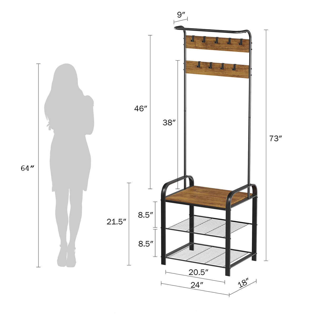 Lavish Home Entryway Bench with Coat Rack - Metal Hall Tree with Seat, Hooks, and Shoe Storage
