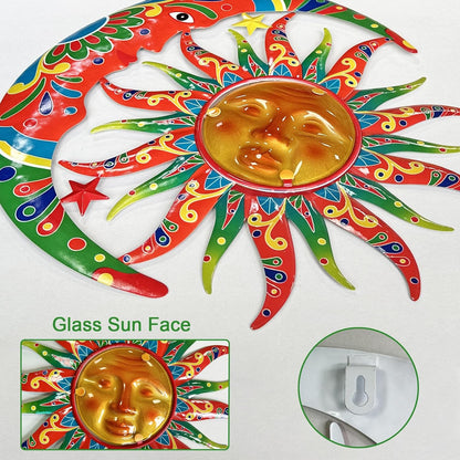 Limygus Sun and Moon Wall Decorations for Outdoor, Colorufl Metal Sun Wall Art Decor with Moon &