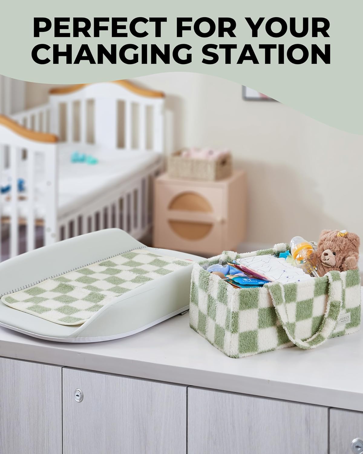 Checkered Diaper Caddy Organizer with Portable Changing Mat - Teddy Fleece Diaper Organizer for