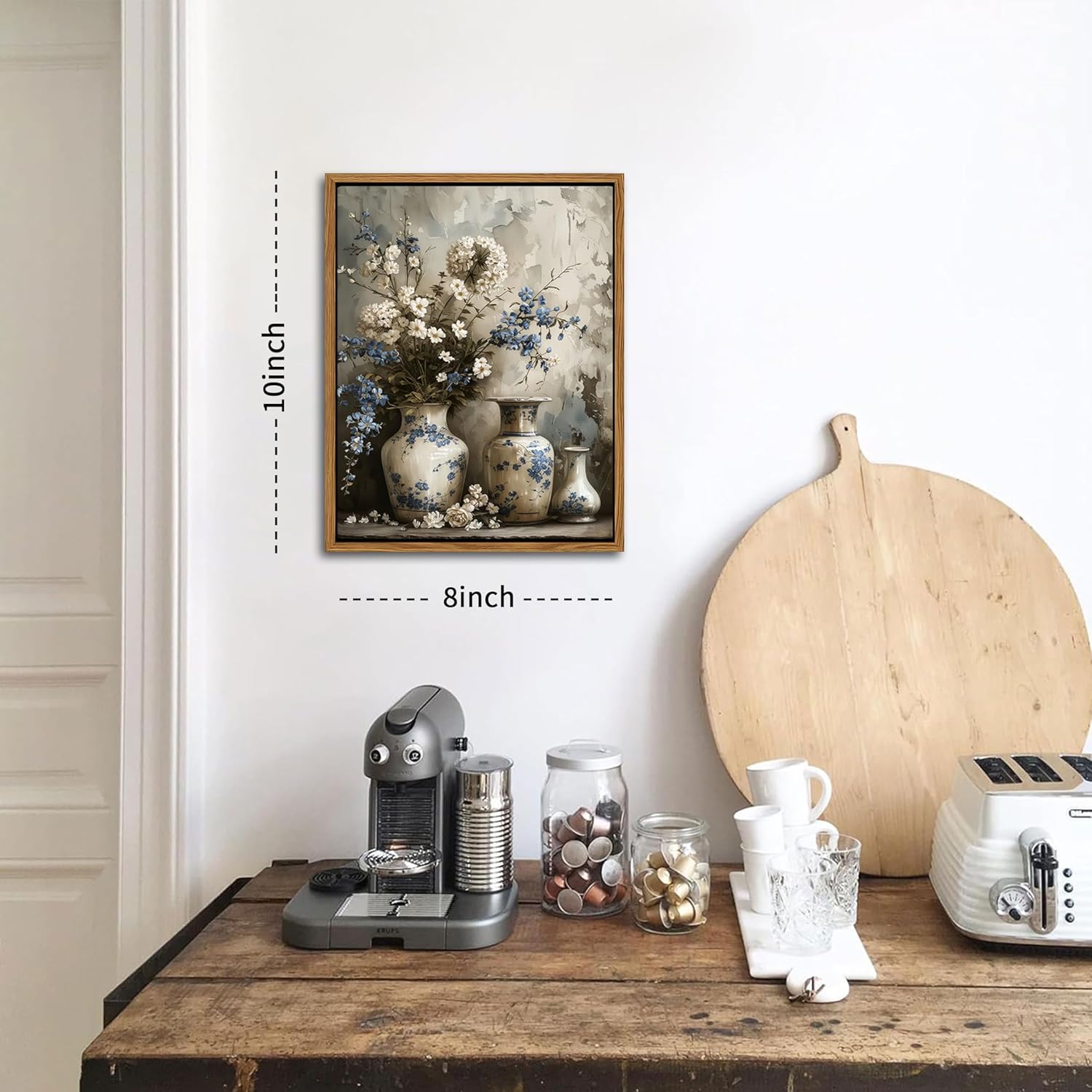 Floating Framed Farmhouse Floral Canvas Wall Art, Vintage Blue and White Flower Pictures Wall