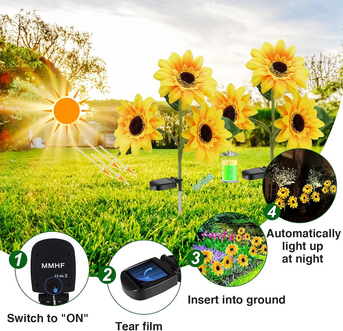Outdoor Solar Garden Stake Lights,Upgraded LED Solar Powered Light with 3 Sunflower, Waterproof