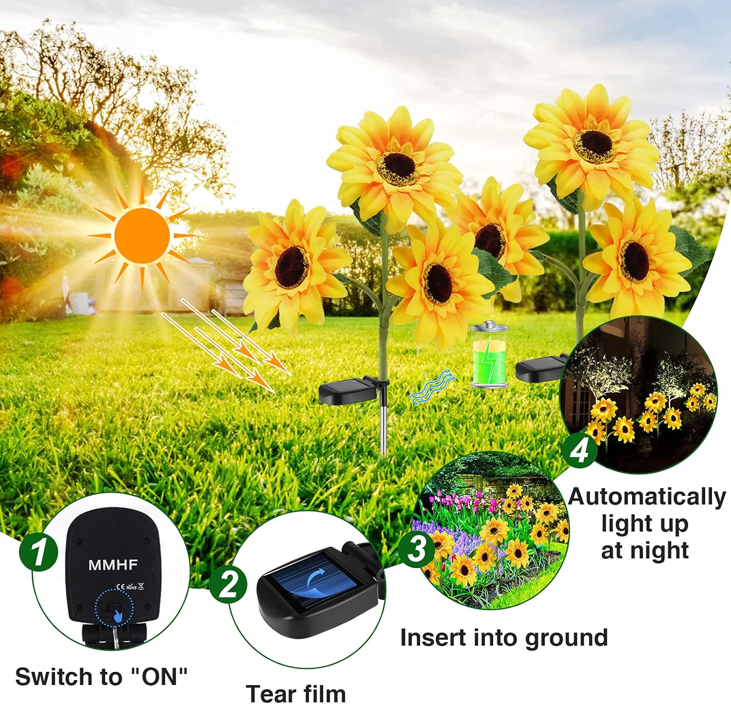 Outdoor Solar Garden Stake Lights,Upgraded LED Solar Powered Light with 3 Sunflower, Waterproof