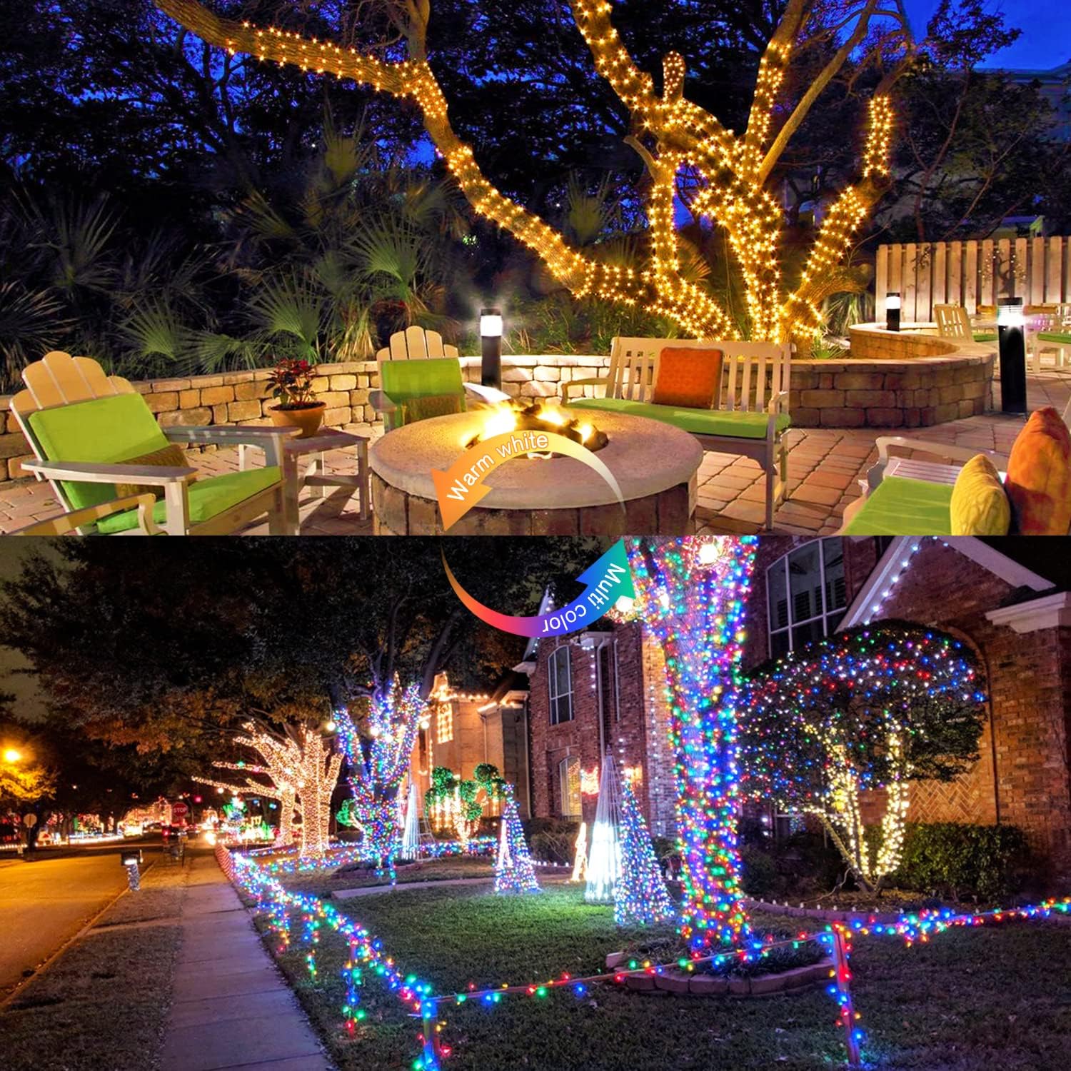 JMEXSUSS 33ft 100 LED Color Changing String Lights Plug in, Warm White & Multicolor Christmas Tree