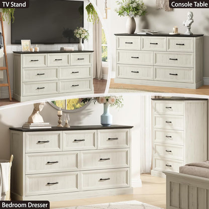 Farmhouse 7 Drawer Dresser for Bedroom, 55 Inch Wide Modern White Dresser TV Stand with Large