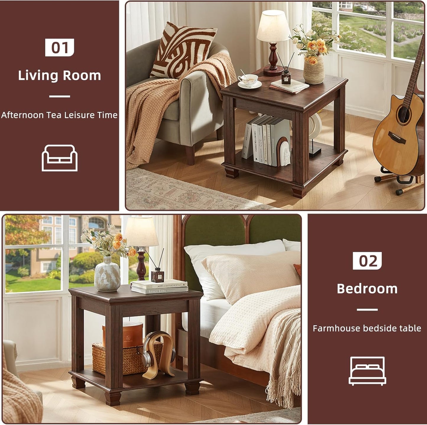 Farmhouse End Table,Large Side Table with 2-Tier Storage Shelf,Rustic Brown End Tables for Living