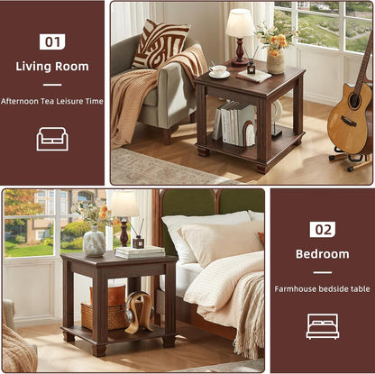 Farmhouse End Table,Large Side Table with 2-Tier Storage Shelf,Rustic Brown End Tables for Living