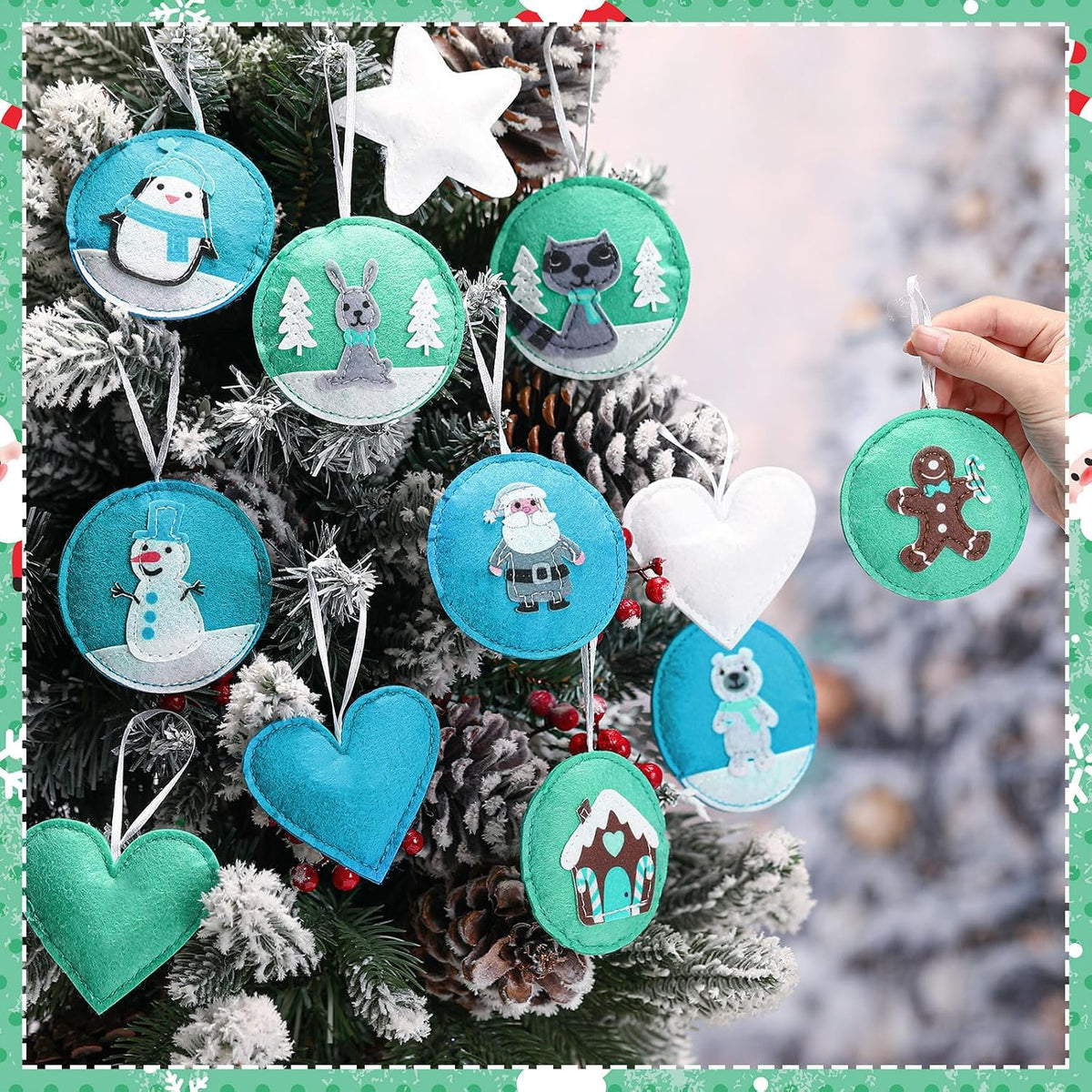 12 Pcs Christmas Felt Ornaments for Tree Santa Claus Snowman Gingerbread 3D White Mint Turquoise