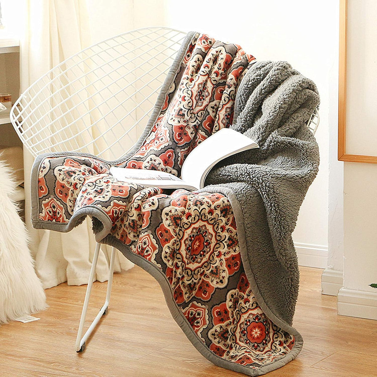 UKELER Floral Sherpa Bed Blanket King Size 90'' x 108'', Native American Cozy Warm Blanket for