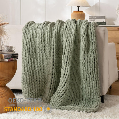 Chunky Knit Blanket Throw, 100% Hand Knit Throw Blanket Handmade Chenille Cable Knit Throw for