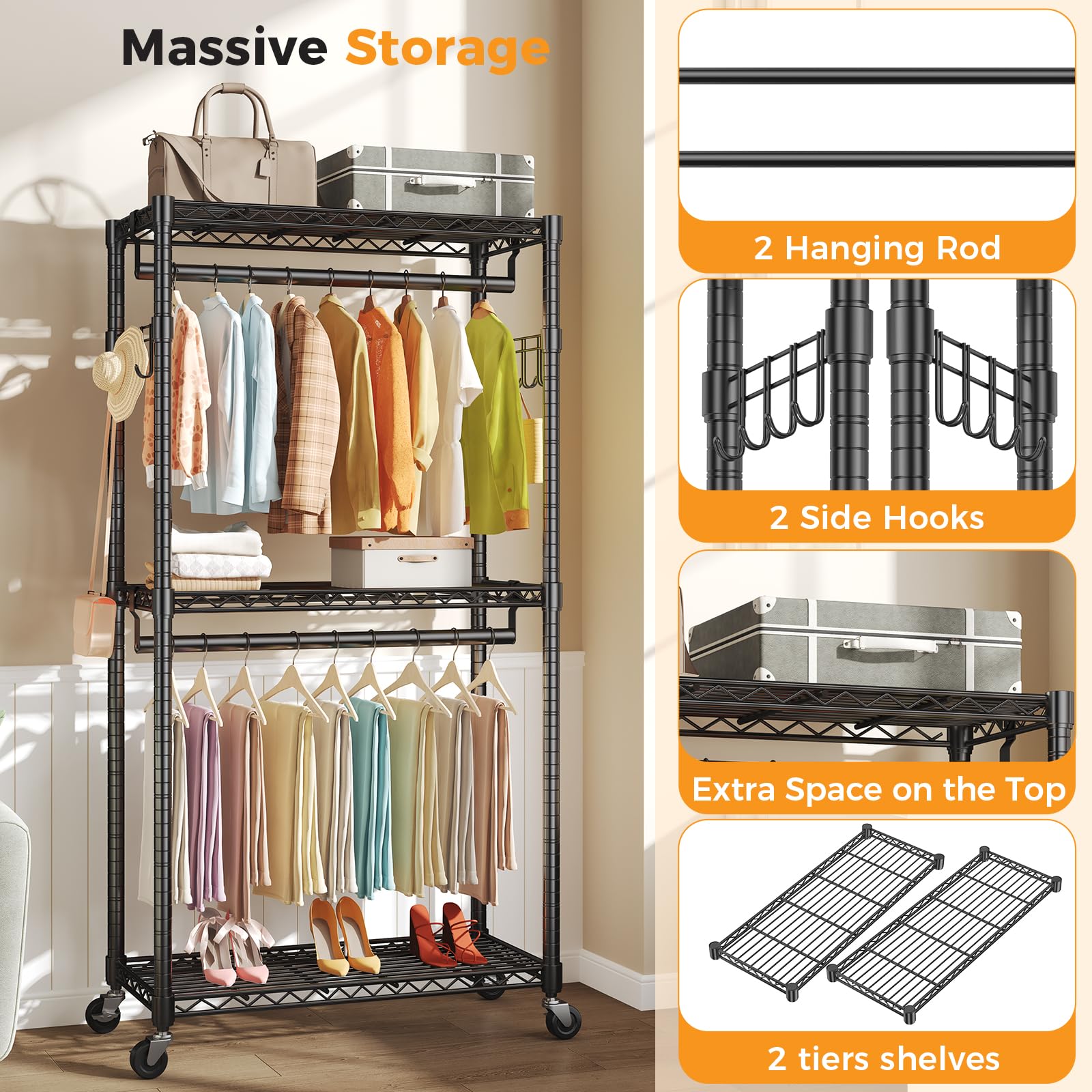 OLIXIS Rolling Clothes Rack, Heavy Duty Garment Rack, 35 IN, Metal Black