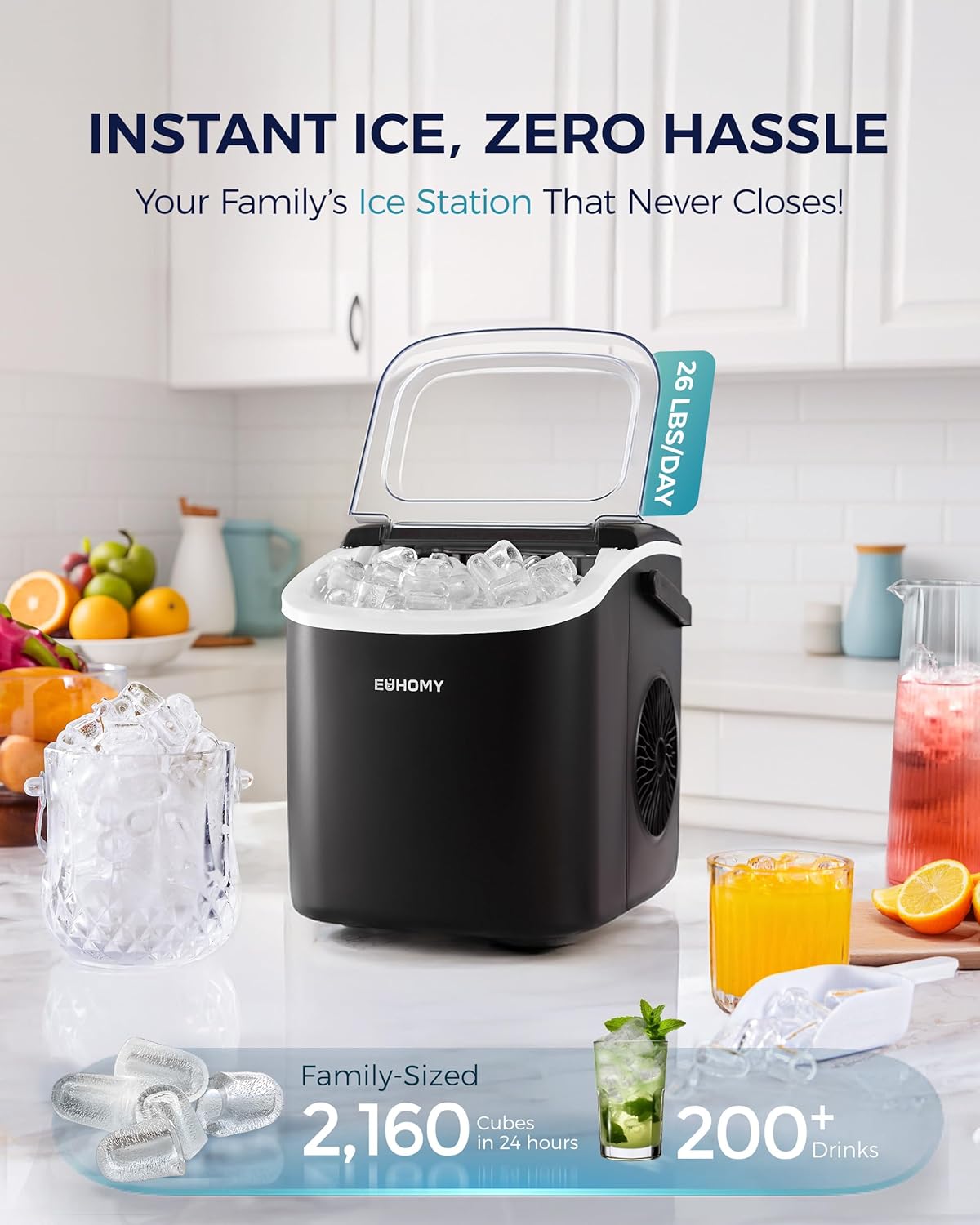 EUHOMY Countertop Ice Maker Machine with Handle, 26lbs in 24Hrs, 9 Ice Cubes Ready in 6 Mins