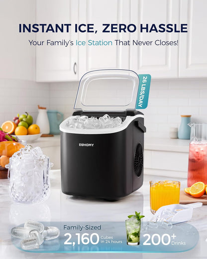 EUHOMY Countertop Ice Maker Machine with Handle, 26lbs in 24Hrs, 9 Ice Cubes Ready in 6 Mins