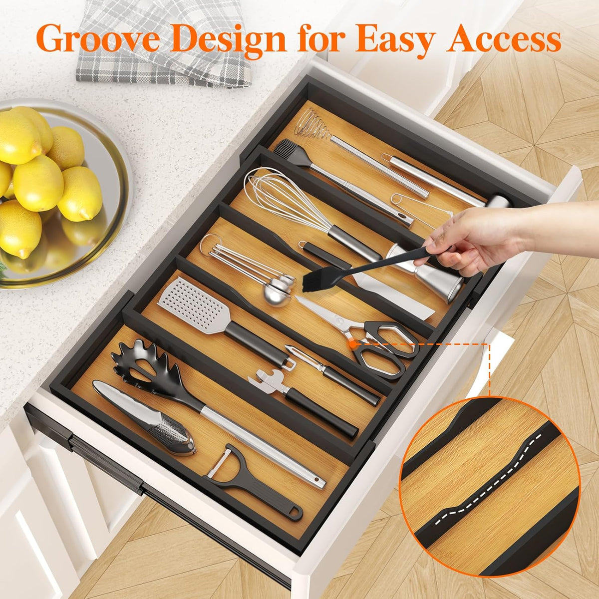 Lifewit Utensil Organizer for Kitchen Drawer, Bamboo Cooking Utensil Tray, Expandable Cutlery