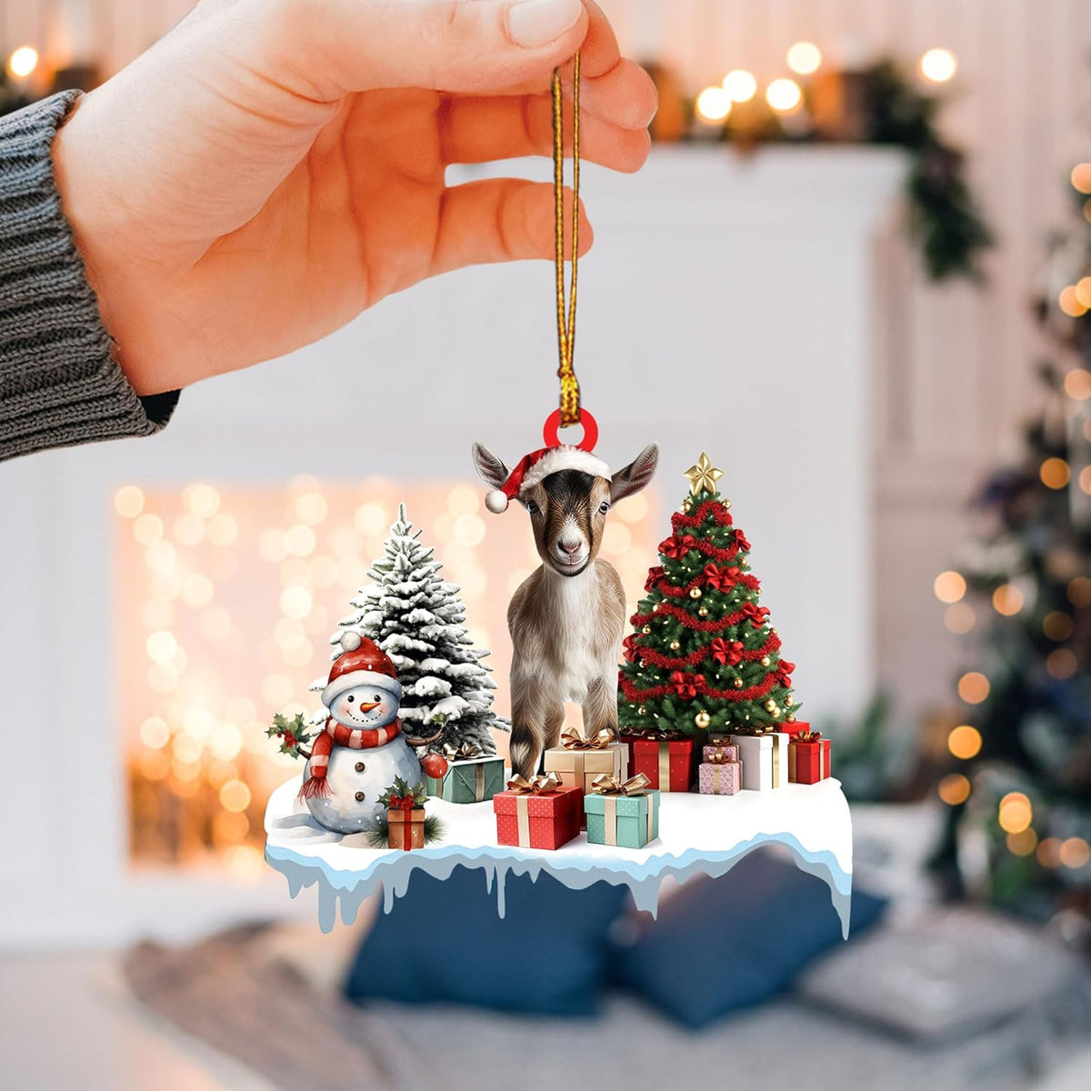 Talataca Goat 2D Flat Christmas Ornament, Goat Gift Boxes Pine Tree Decor, Hanging House Charm Eve