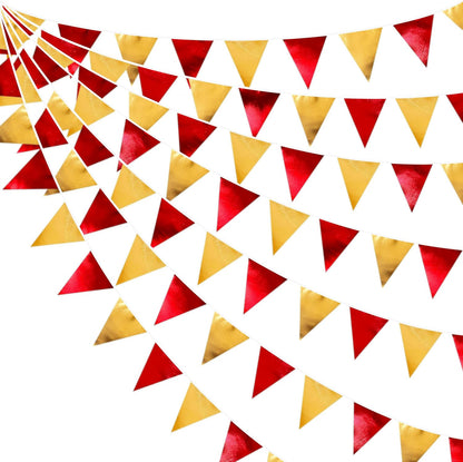 Red Gold Party Decorations Metallic Fabric Triangle Pennant Banner Flag Bunting Garland for