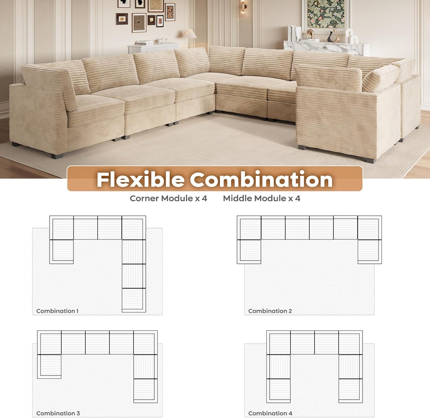 ovios Sectional Sofa Couch with U-Shape Chaise Oversized, Comfy Modular Cloud Couches with Deep