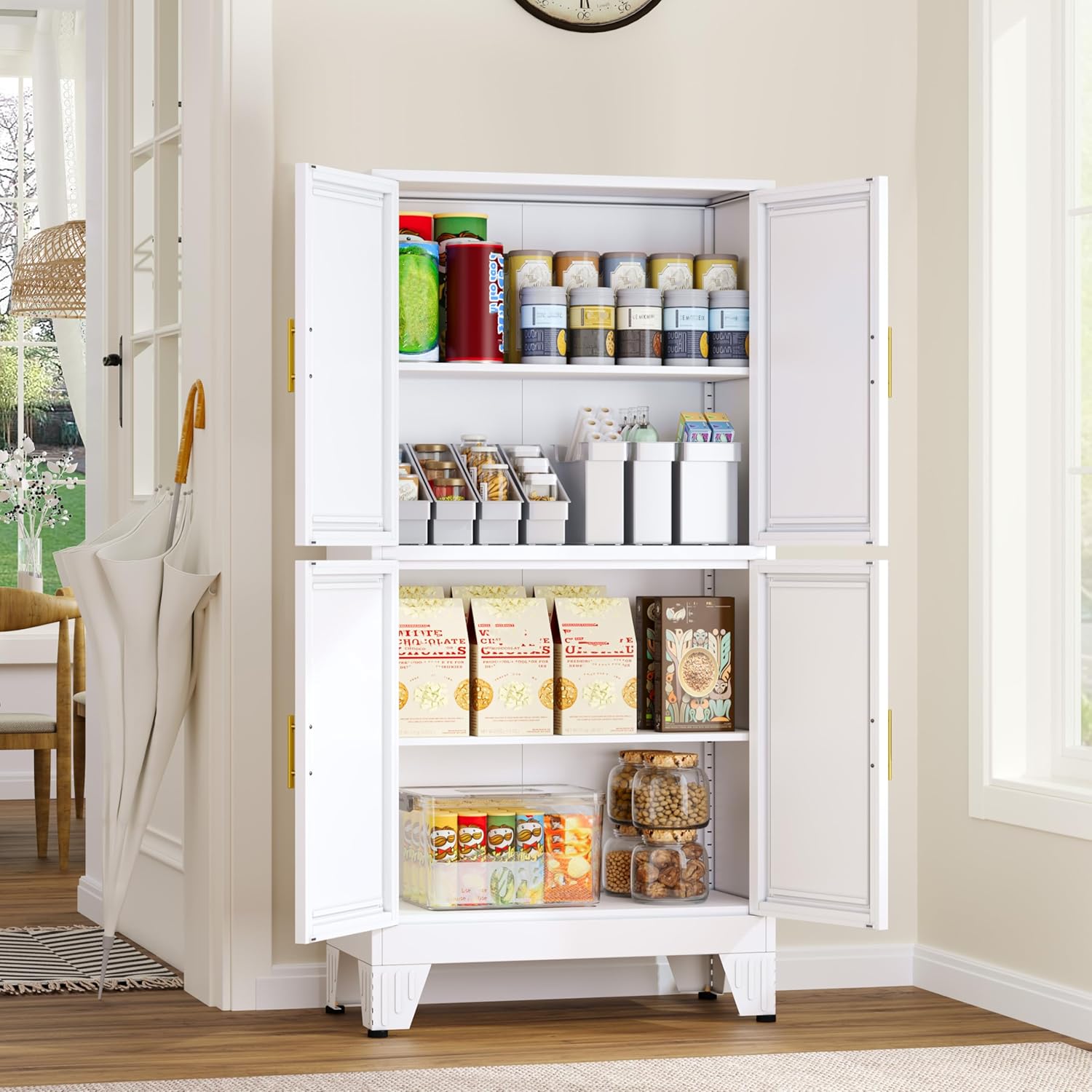47.25" Metal Pantry Cabinet, Storage Cabinets with 4 Door and 2 Adjustable Shelves, White Bathroom