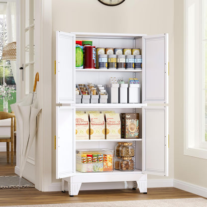 47.25" Metal Pantry Cabinet, Storage Cabinets with 4 Door and 2 Adjustable Shelves, White Bathroom