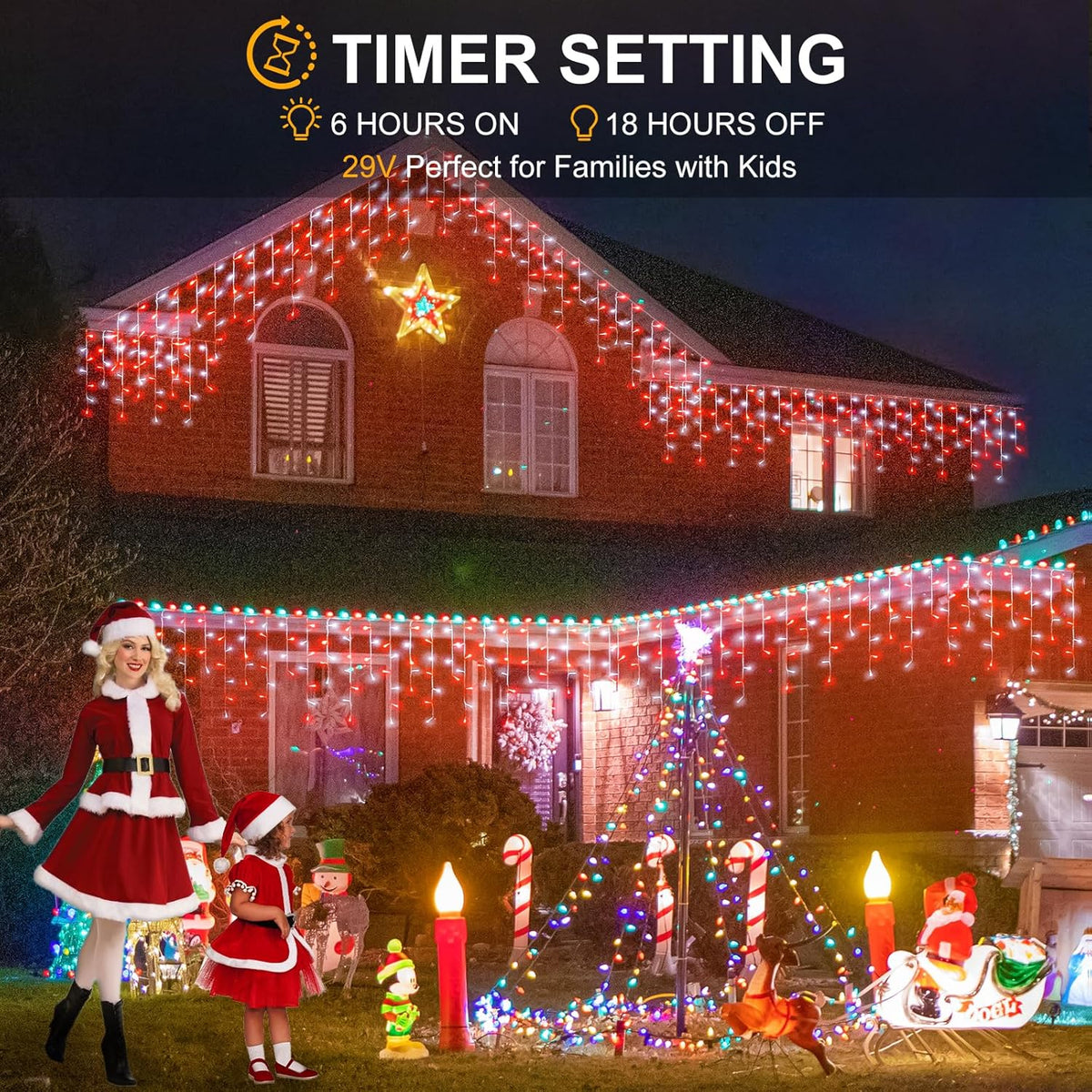 33ft Red and White Christmas Lights, 400 LED Icicle Lights for Outside, Clear Wire Connectable