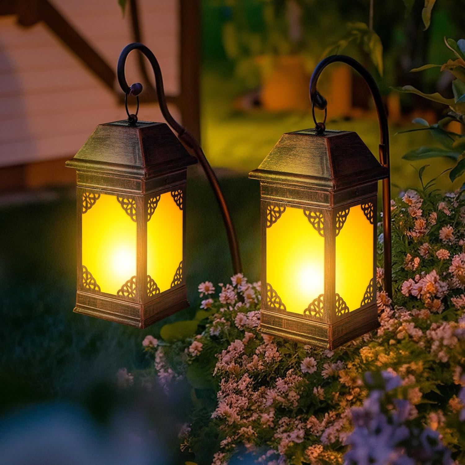 14" Solar Lanterns Outdoor Waterproof, Glass Flickering Flame Solar Lantern, Hanging Metal Lantern