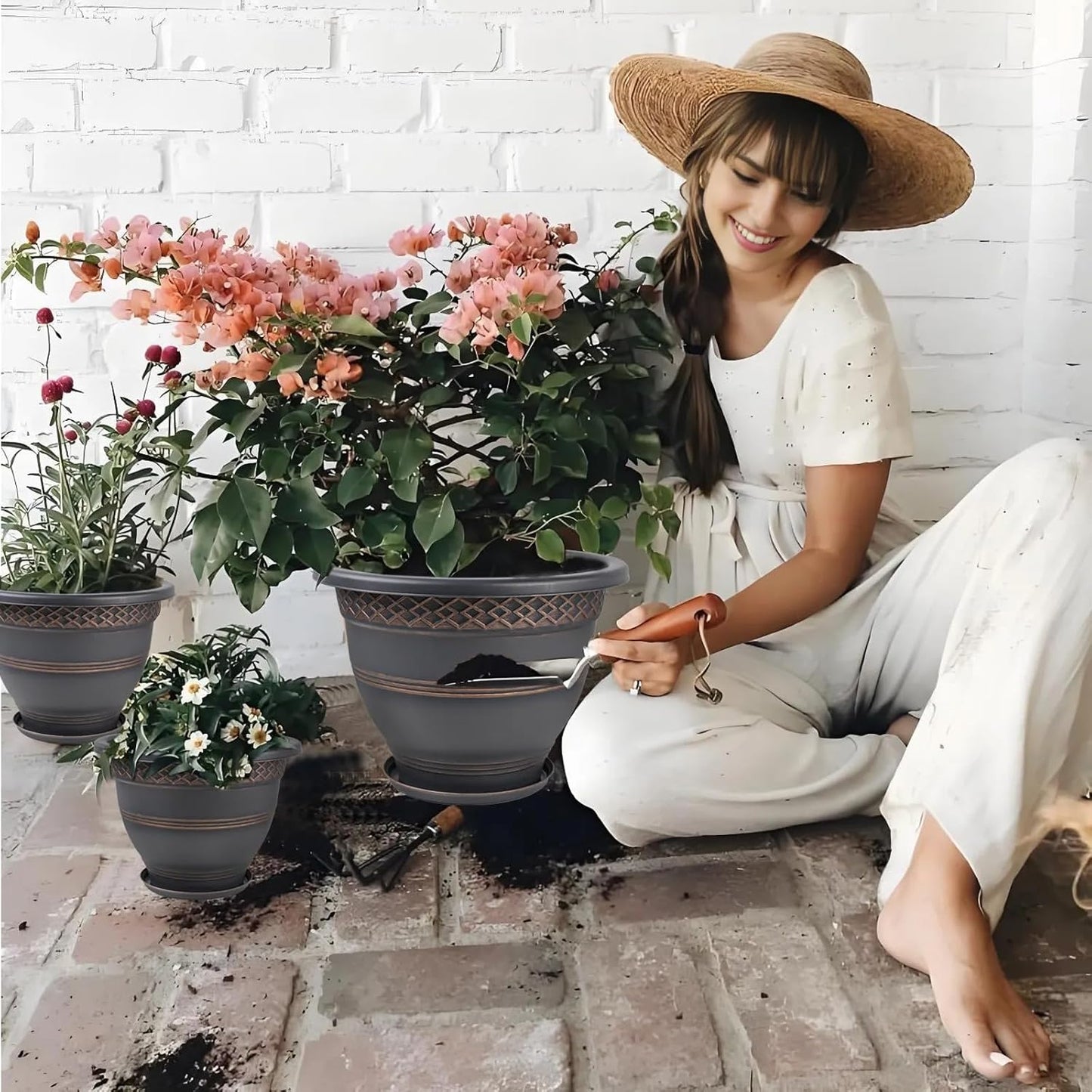 6 Pack 8 Inch Plant Pots, Plastic Flower Pot for Indoor & Outdoor with Drainage Holes & Saucer