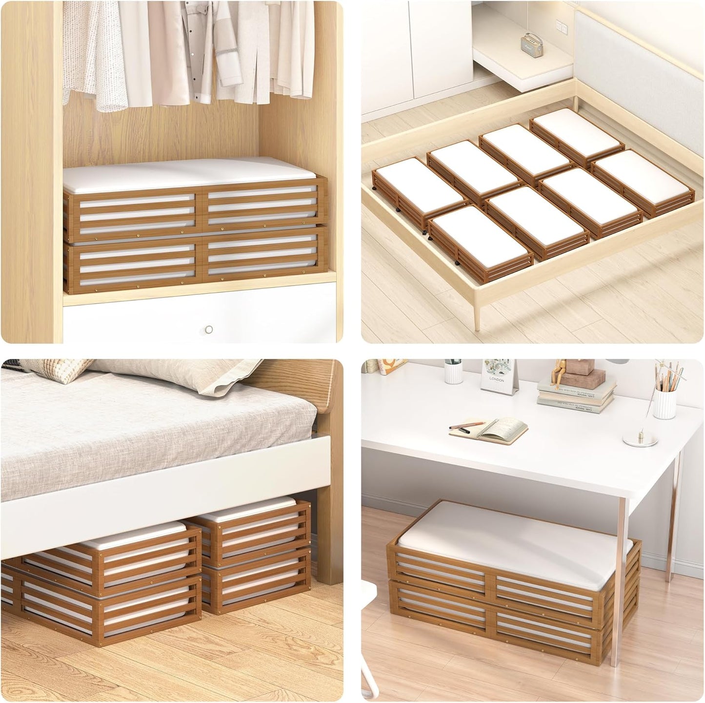 Bamboo Under Bed Storage Containers- Underbed Organizer with Wheels with Large Dust Bag,Sturdy Wood