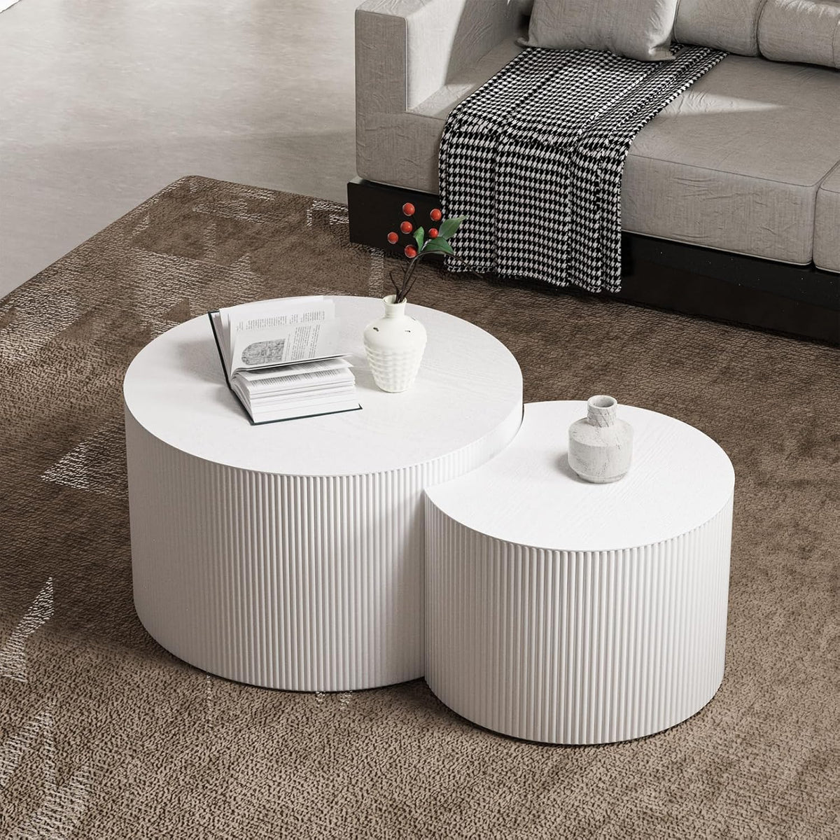 Round Nesting Coffee Table Set of 2 Handcraft Circle Fluted Nesting Coffee Tables Circular Side