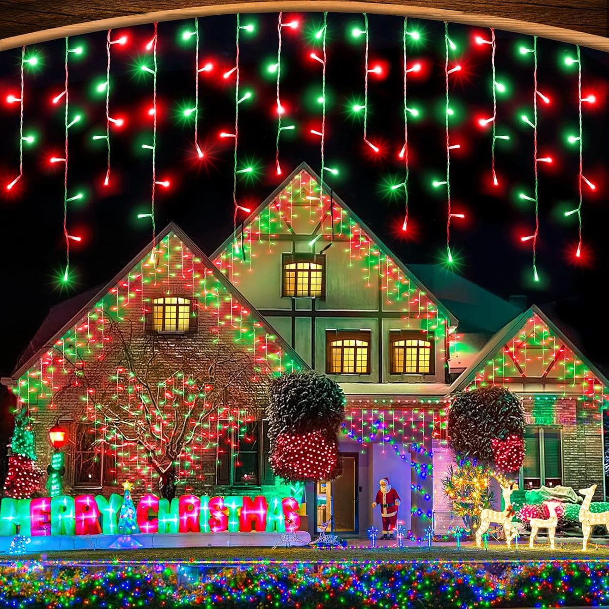 33ft Red and Green Christmas Lights, 400 LED Icicle Lights for Outside, Clear Wire Connectable