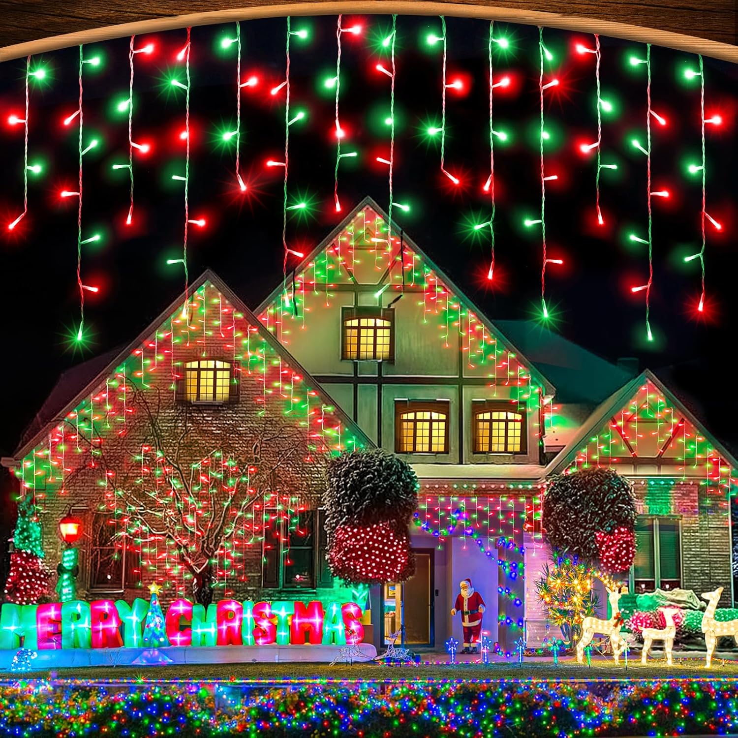 33ft Red and Green Christmas Lights, 400 LED Icicle Lights for Outside, Clear Wire Connectable