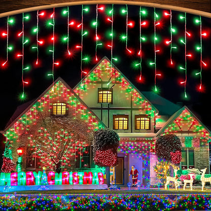 33ft Red and Green Christmas Lights, 400 LED Icicle Lights for Outside, Clear Wire Connectable